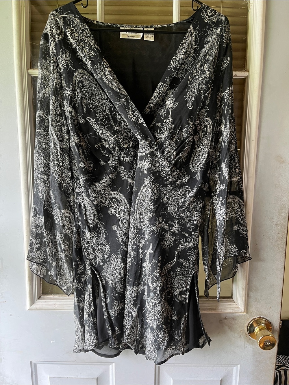 Black Paisley Wrap Blouse with Bell Sleeves - Women's